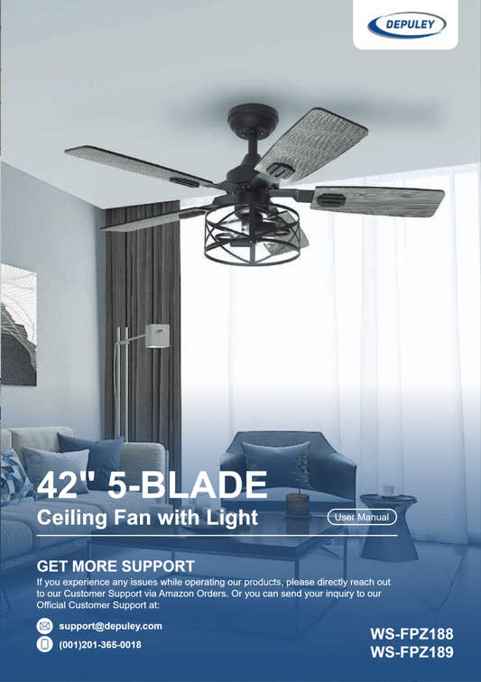 WS-FPZ188 | Depuley 42 Inch 5-Blade Wooden Matte Black Finish Ceiling Fan User Manual - DEPULEY