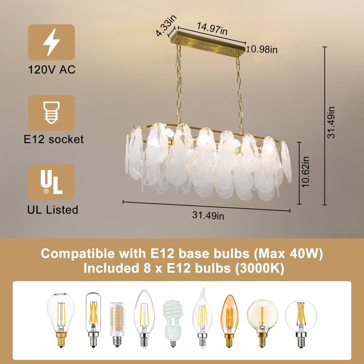 8-Light Gold Oval Crystal Chandelier, 31.5" Kitchen Island Lighting Fixture, Adjustable Hanging Pendant Light for Hallway Foyer Breakfast Bar Living Room Dining Room, E12 Bulb Included, UL - WS-FPC53-L800-8C3 2 | DEPULEY