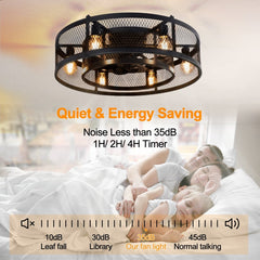 Depuley 25.6'' Caged Flush Mount Ceiling Fan with Lights Remote Control, Farmhouse Enclosed Ceiling Fan, Low Profile Vintage Ceiling Fan Lighting Fixture for Bedroom Kitchen - WS-FPZ58-60B 5 | DEPULEY