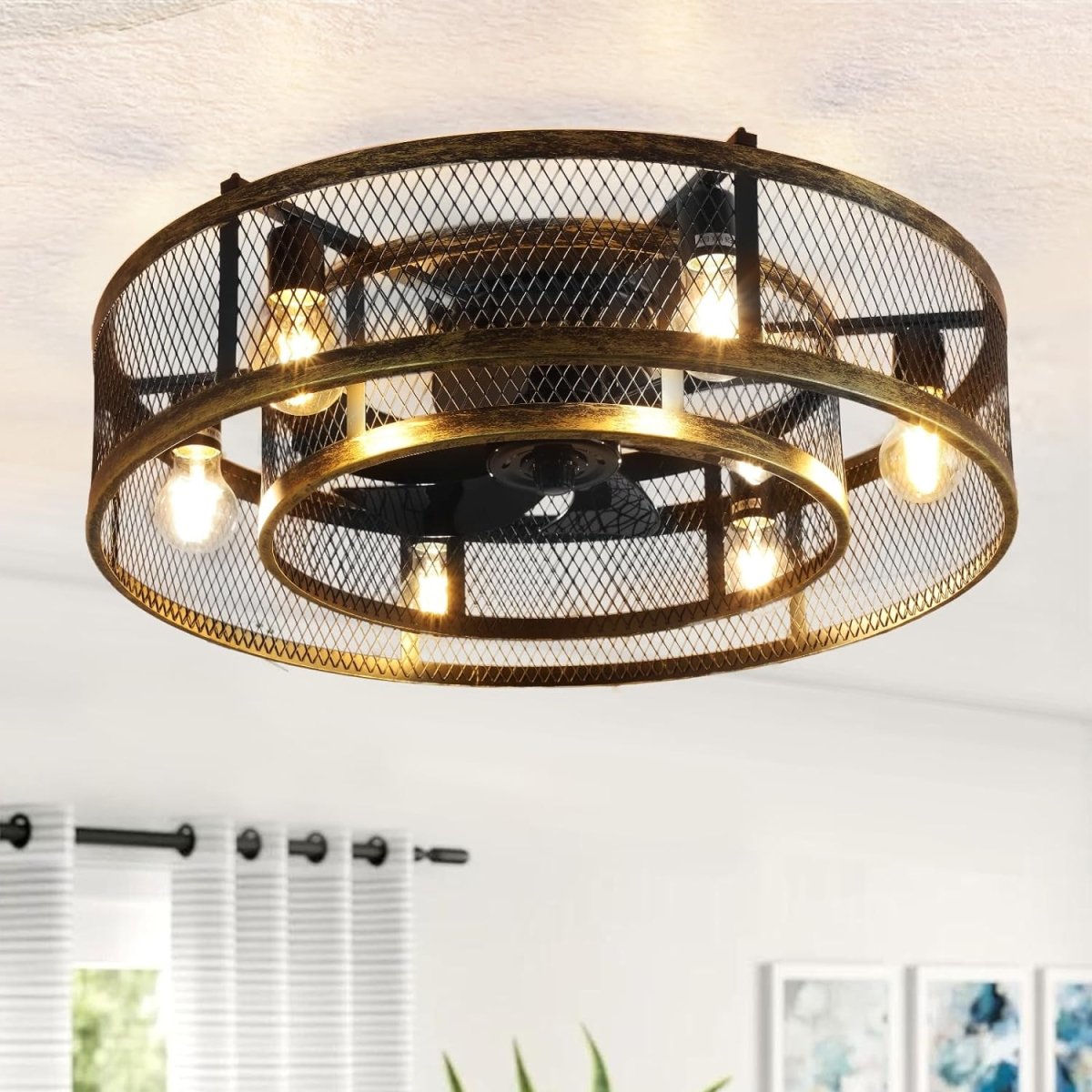 Depuley 25.6'' Caged Flush Mount Ceiling Fan with Lights Remote Control, Farmhouse Enclosed Ceiling Fan, Low Profile Vintage Ceiling Fan Lighting Fixture for Bedroom Kitchen - WS-FPZ58-60B-BC 9 | DEPULEY