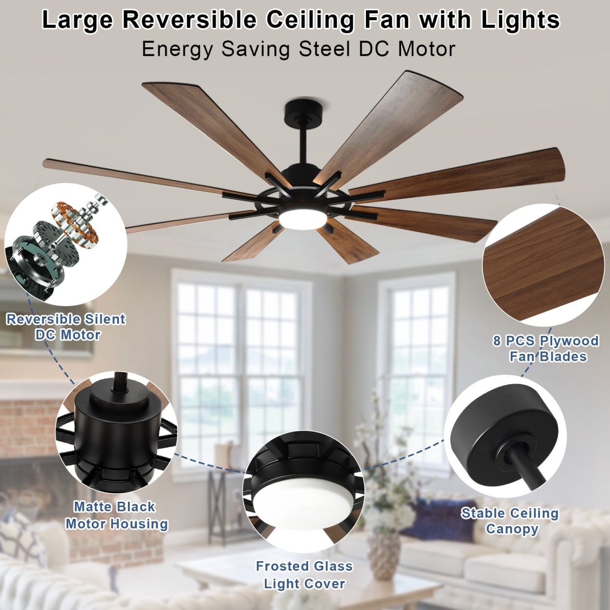 48 inch Black Ceiling fan with lights popular and remote control,Quiet reversible motor,