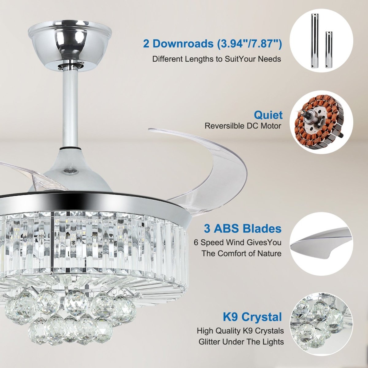 DLLT 42'' Crystal Ceiling Fan with Light, 36W Modern cheapest Ceiling Fan Remote, 3-Blade