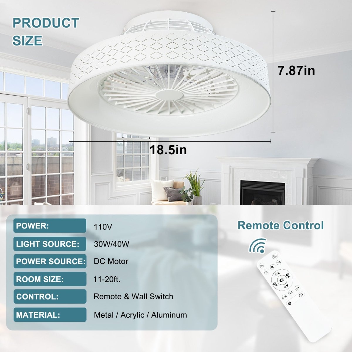 DLLT Low Profile Ceiling Fan with Light, 22'' / 18'' LED Dimmable Ceiling Fans with Lights and Remote, Modern Bladeless Enclosed Ceiling Fan Flush Mount with Reverse Motor for Bedroom Living Room, White Argyle - WS - FPZ46 - 30C - WS 10 | DEPULEY