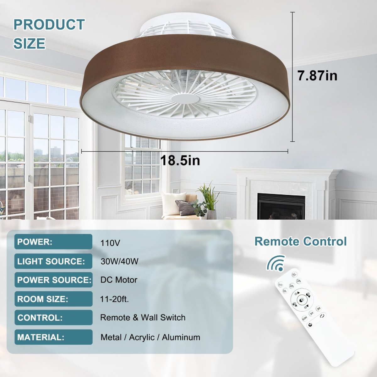 DLLT Low Profile Ceiling Fan with Light, 22'' / 18'' LED Dimmable Ceiling Fans with Lights and Remote, Modern Bladeless Enclosed Ceiling Fan Flush Mount with Reverse Motor for Bedroom Living Room, Brown - WS - FPZ46 - 30C - CB 9 | DEPULEY