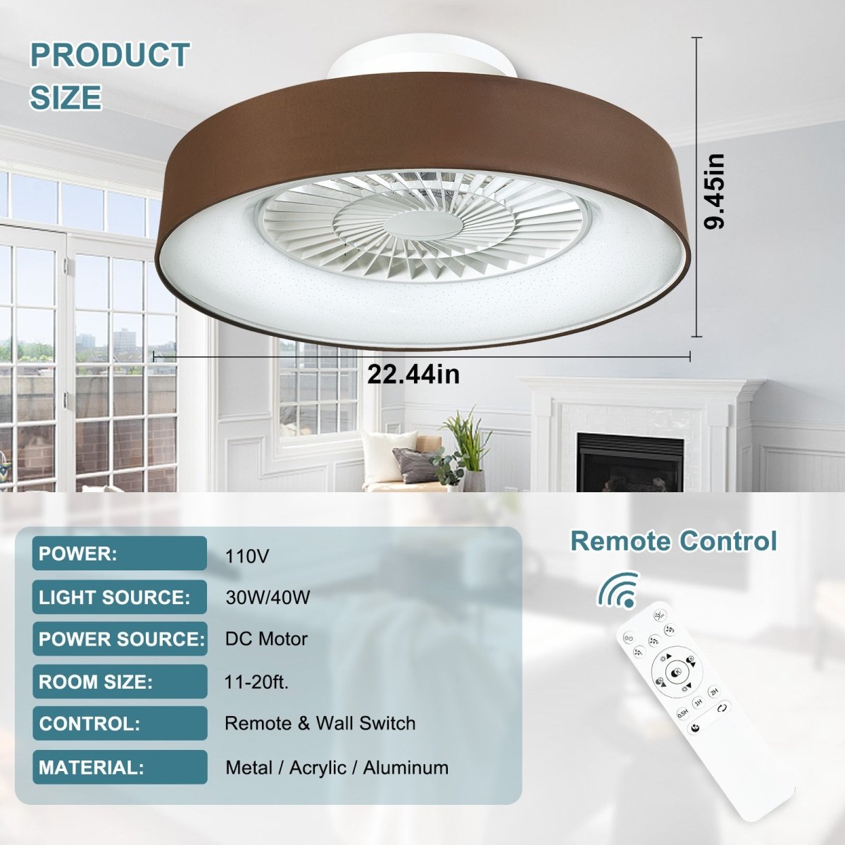 DLLT Low Profile Ceiling Fan with Light, 22.5'' LED Dimmable Ceiling Fans with Lights and Remote, Modern Bladeless Enclosed Ceiling Fan Flush Mount with Reverse Motor for Bedroom Living Room, Brown - WS-FPZ47-40C-CB 4 | DEPULEY