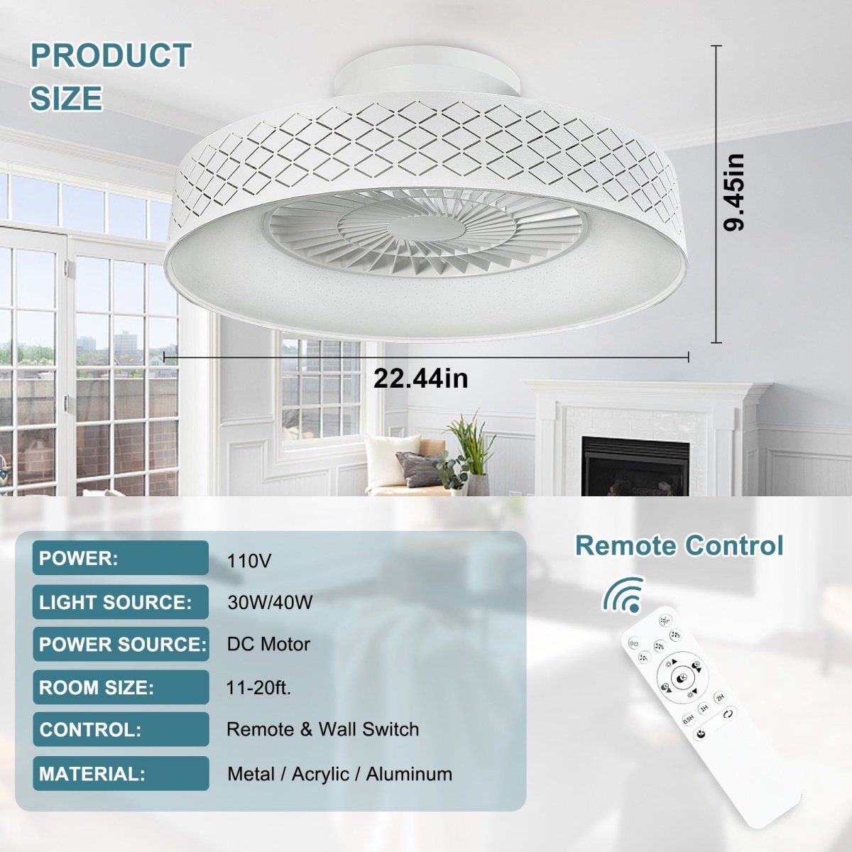 DLLT Low Profile Ceiling Fan with Light, 22.5'' LED Dimmable Ceiling Fans with Lights and Remote, Modern Bladeless Enclosed Ceiling Fan Flush Mount with Reverse Motor for Bedroom Living Room, White Argyle - WS-FPZ47-40C-WS 5 | DEPULEY