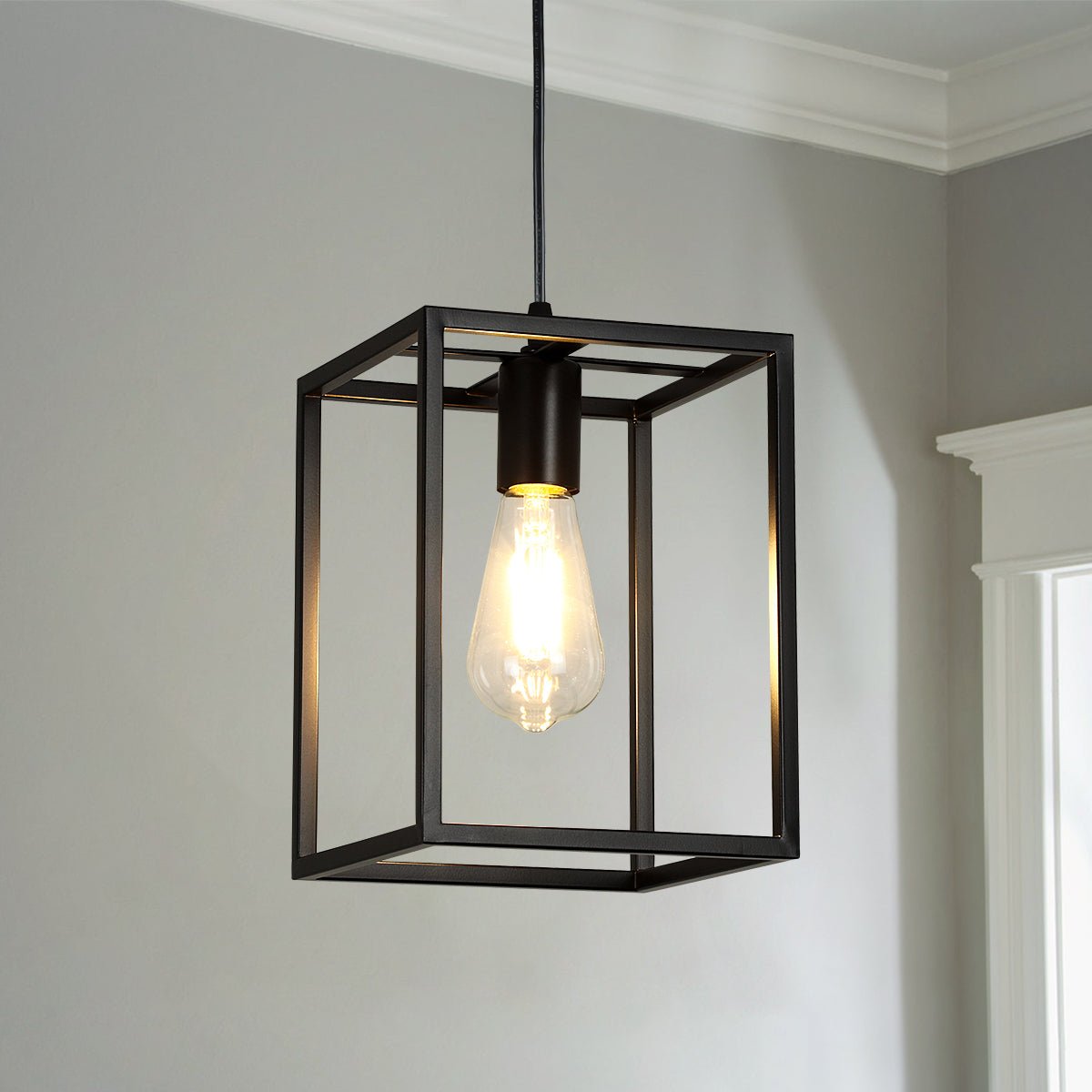 Depuley 1 Light Black Lantern Pendant Light Fixture, Depuley Rustic Hallway  Chandelier Lighting with Adjustable Cord, Rectangle Metal Cage Hanging