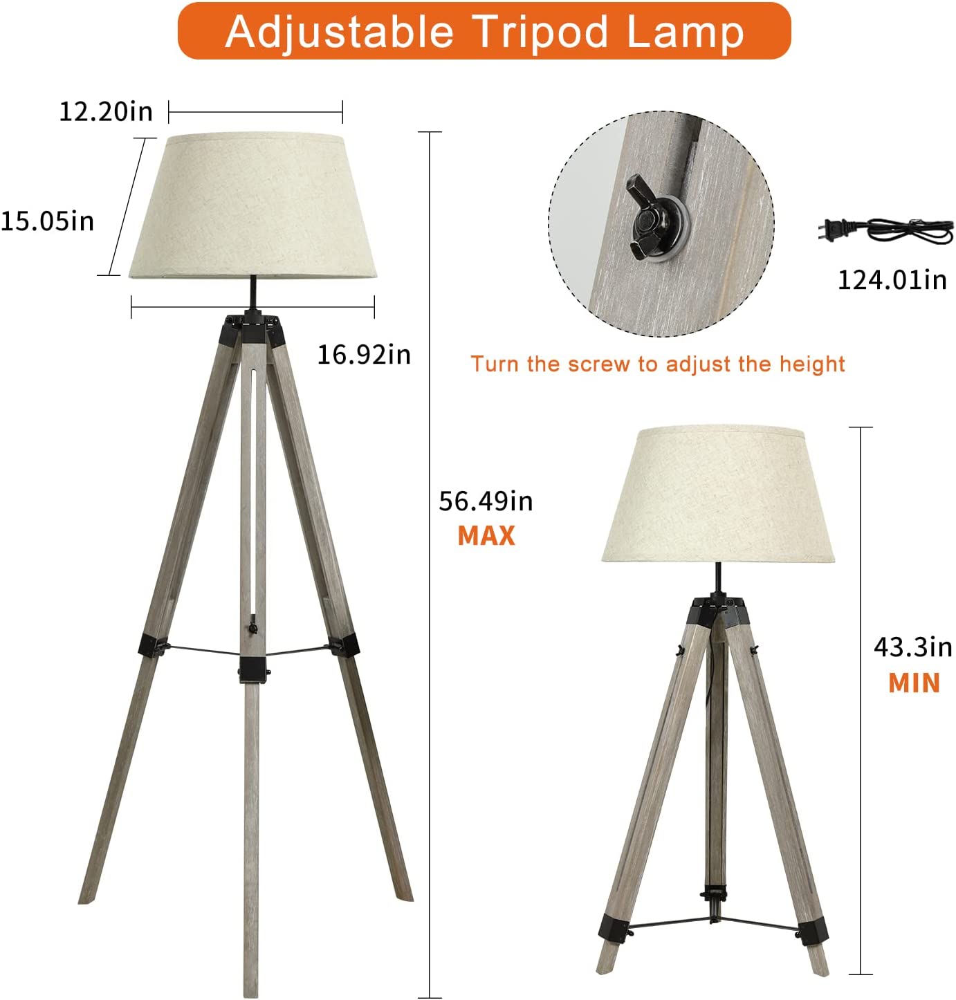Depuley LED Tripod Floor Lamp Wood Mid Century Modern Reading Lamp,8W  Rustic Standing Lamps Farmhouse for Living Room Bedroom Study Room Bedside  and Office, Flaxen Lamp Shade, Adjustable Height – DEPULEY