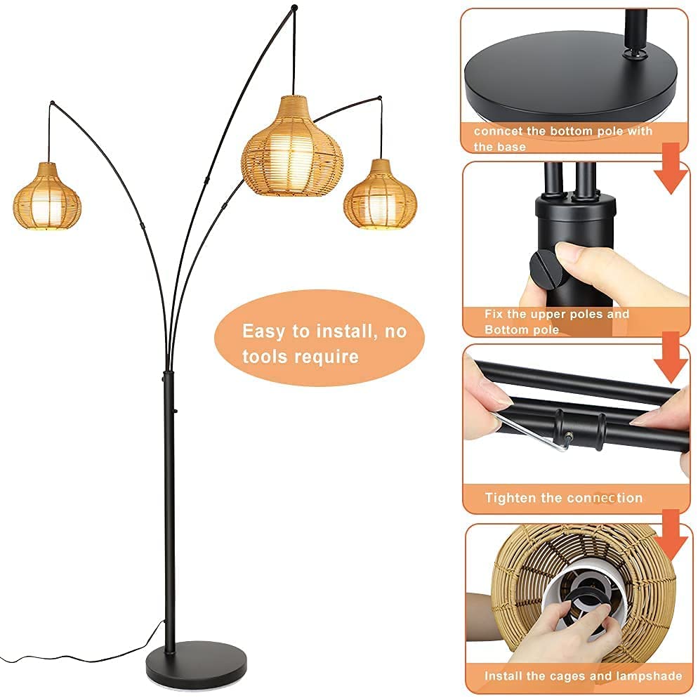 Depuley 3-Light Arc Tree Floor Lamp Dimmable with 9W E26 LED Light Base Reading Standing Lamp - Rattan
