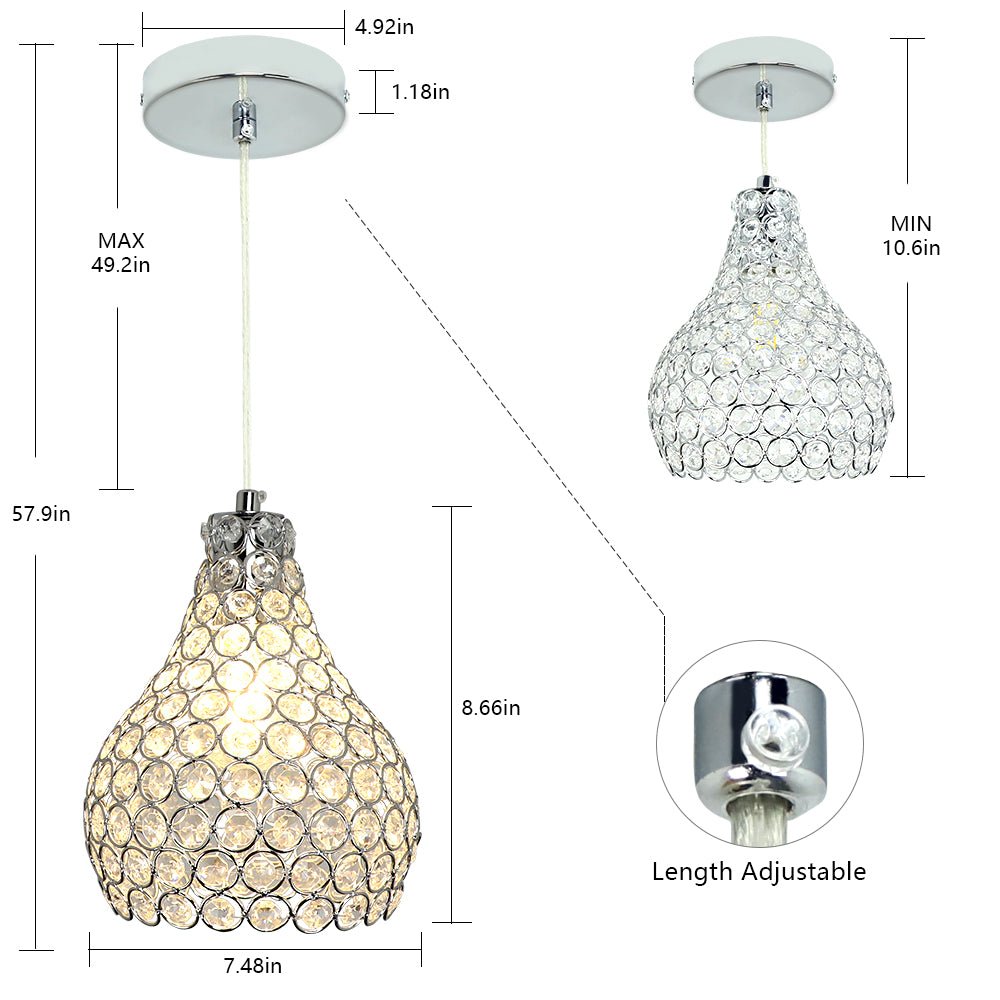 Depuley Crystal Pendant Light, Modern Adjustable Hanging Light Fixture,  Teardrop Chandelier for Kitchen Island Dining Room Bedroom Hallway, 1 Light 