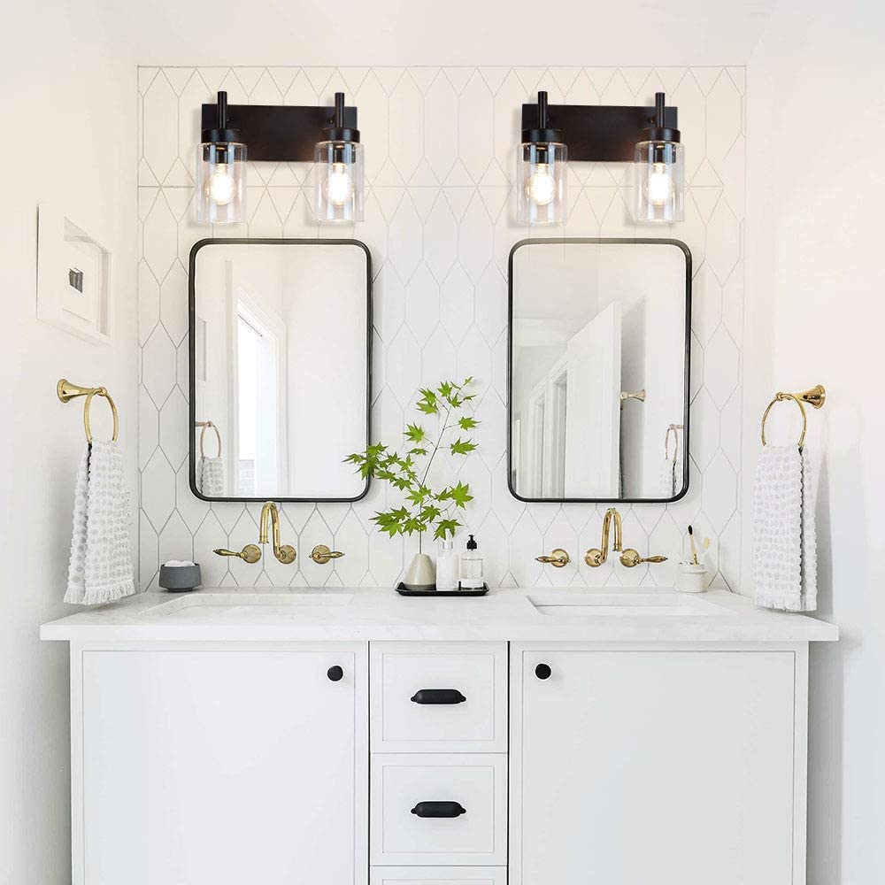 3 Light Bathroom Light Fixtures, Modern Black Vanity Lights Over Mirror,  Wall Sconce with Clear Glass Shade and Metal Base, Matte Black Vanity Lights  for Bathroom 